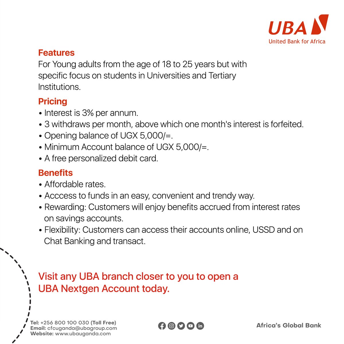 UBAUganda's tweet photo. For the cool kids!
One of the perks of being a young person is the opportunity to build your savings, manage your money better and make the right money moves early with an account that grows with you, through your youth.
The #UBANextGen Account offers you this and even more. https://t.co/10piGn8AWb