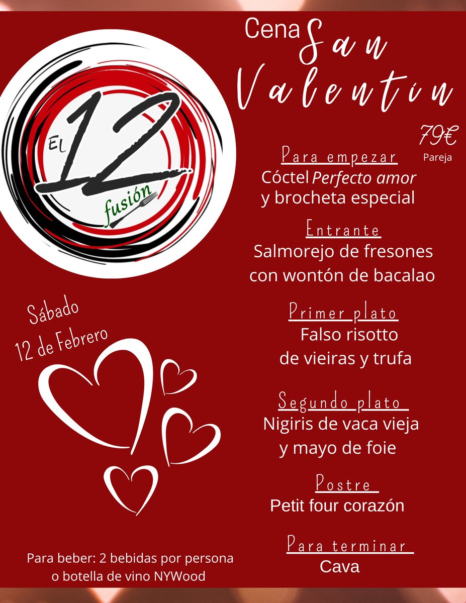 el12fusion's tweet photo. Ven a celebrar con nosotros San Valentín 

Reserva para la cena del sábado por la noche y disfruta de un menú muy especial con el ambiente más romántico 

⚫ El 12 Fusión
⚫ C/Acera de Granada 1
⚫ Reservas 683611648 (llamada https://t.co/kYQ3KD8cgc),RRS o https://t.co/oDx4etuWjl https://t.co/99c6Qd3qbl