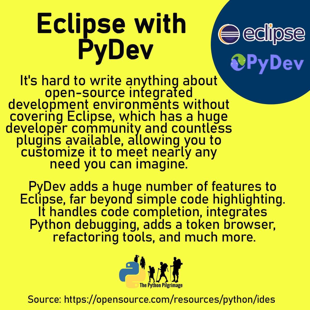 ThePyPilgrimage's tweet image. Our fifth online open source IDE is the Eclipse with PyDev. Is it part of your Top 5 too? Share your thoughts!
#pythonlearning #pythoneducation #pythonbasics #pythononline #online #onlineide #eclipse #LearningPython #programmers