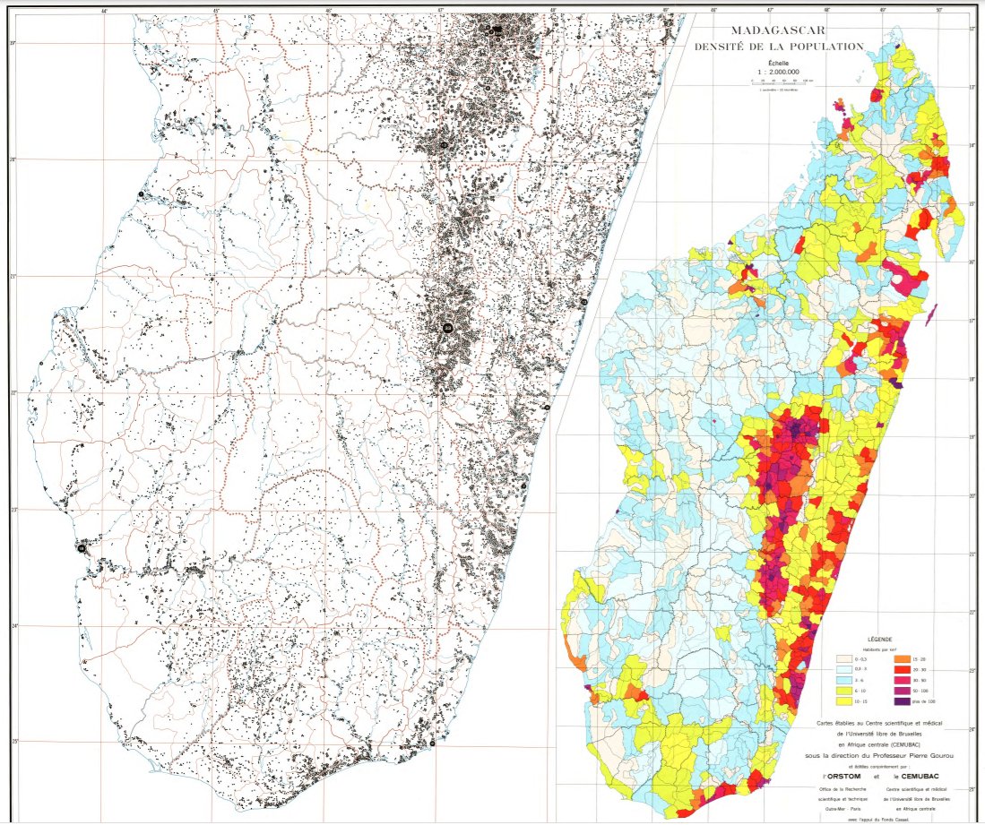 mirbole01's tweet image. Superbe carte des densités à Madagascar par Pierre Gourou pour l&apos;ORSTOM (1967) avec données très détaillées et comparaison avec une carte par points (#dotmap) horizon.documentation.ird.fr/exl-doc/pleins…