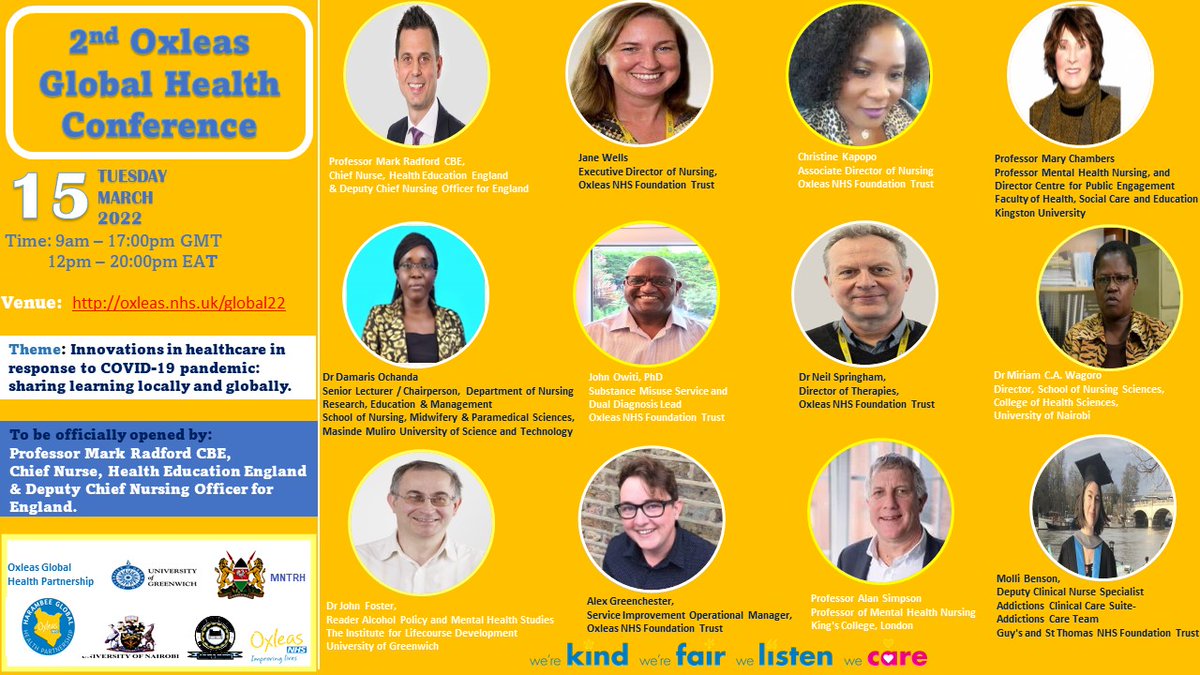 Our 2nd Oxleas Global Health Conference will take place virtually on Tuesday 15 March 2022; to be officially opened by Deputy Chief Nursing Officer, England 
<a href="/MRadford_HEECN/">Prof Mark Radford CBE PhD RN</a>
@CNOEngland
@janewells99
<a href="/ChrisKapopo/">Xtine</a>
<a href="/jaowiti/">Dr John A Owiti PhD</a>
<a href="/LisaComms/">Lisa Tan</a>
<a href="/DoctorBeechwood/">Steve Cooksley 💙</a>
<a href="/OxleasNHS/">Oxleas NHS</a>
<a href="/OxleasCEO/">Oxleas CEO</a>