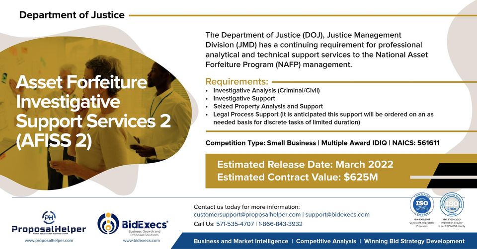 BidExecs's tweet image. IDIQ Monday Is Here! The Department of Justice (DOJ), Justice Management Division (JMD) has a continuing requirement for professional analytical and technical support services to the National Asset Forfeiture Program (NAFP) management.
#franchise #govcon #bidexecs