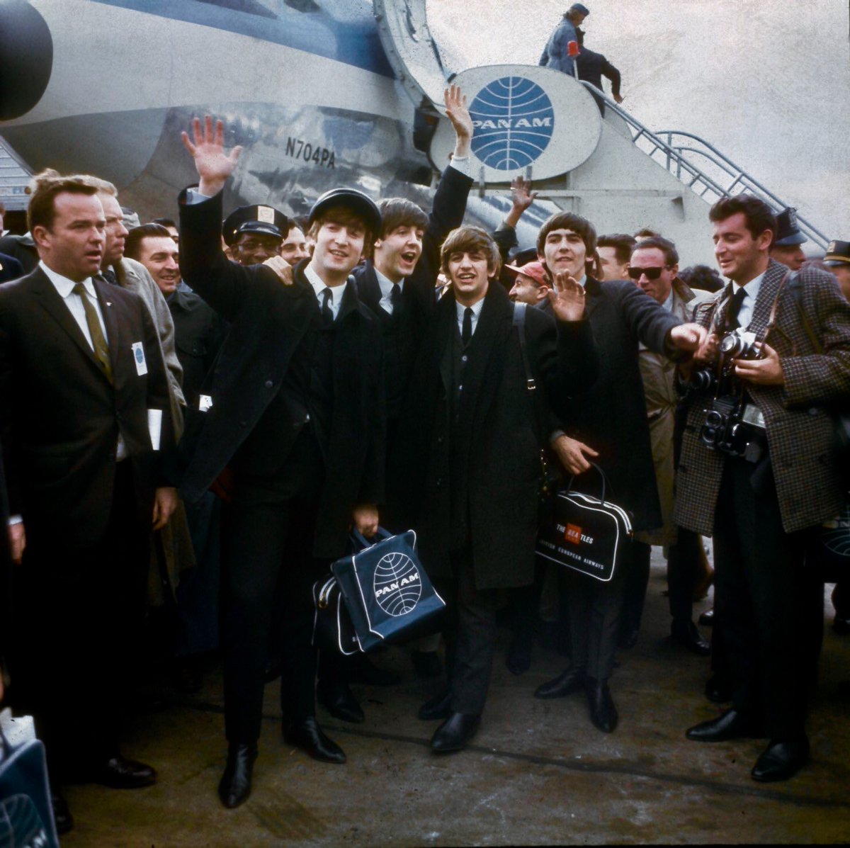 BeschlossDC's tweet photo. Beatles arrive at newly-renamed JFK Airport, New York, for their first tour of America, today 1964:  #Getty https://t.co/Lw7jMPaonC