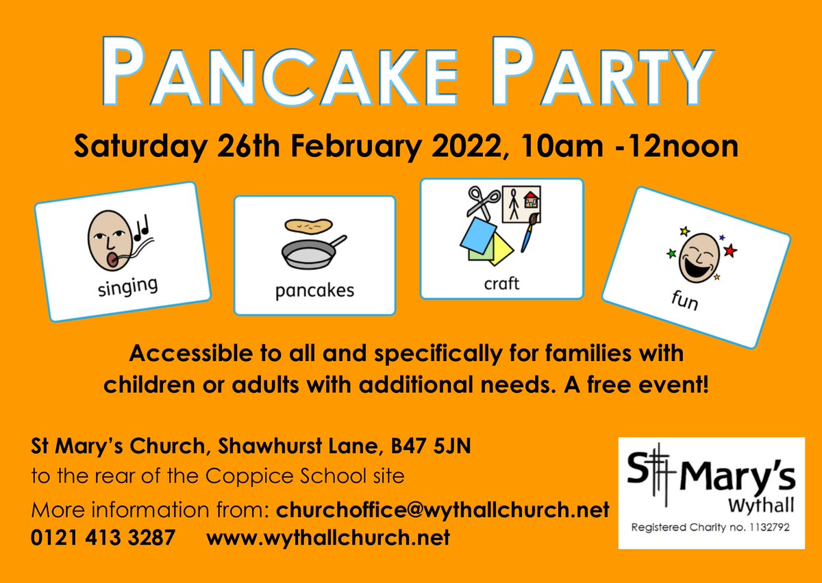 stmaryswythall's tweet photo. Our next event for families with children or adults with additional needs is a Pancake Party! It's on Saturday 26th February at 10am. More info in the picture, or get in touch with any queries. https://t.co/B2qqUFHAp8