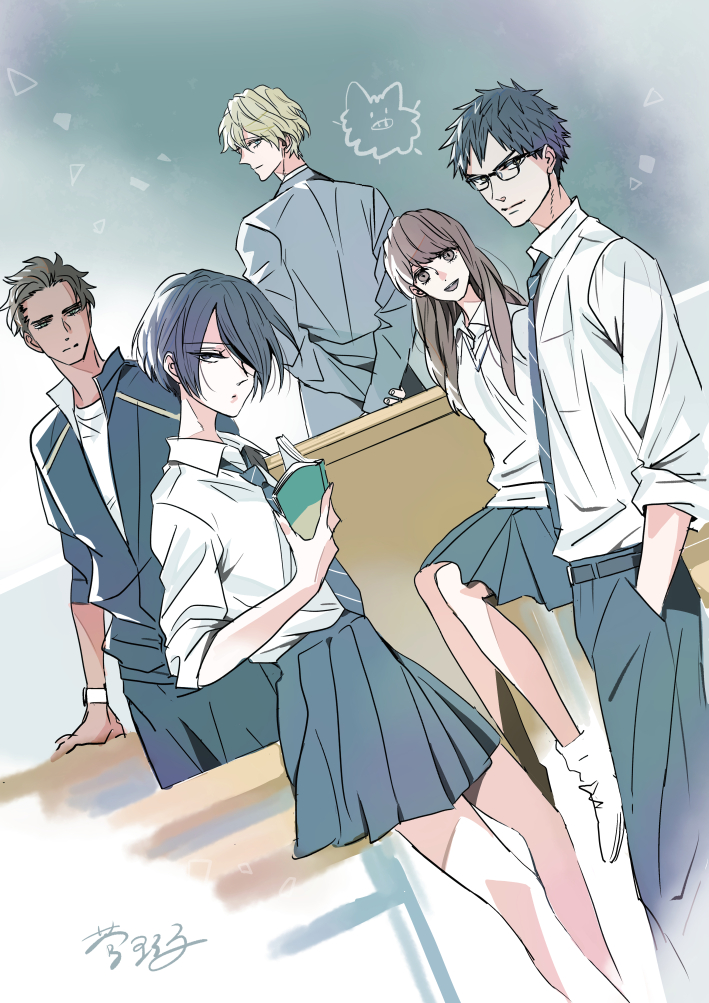 multiple boys school uniform chalkboard brown hair glasses multiple girls skirt  illustration images