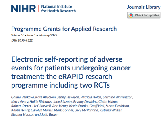 Kate Absolom (@drkateabsolom) on Twitter photo 🌟Now available via the <a href="/NIHRresearch/">National Institute for Health and Care Research</a> Journals Library🌟 Final report from the eRAPID programme:
‘Electronic self-reporting of adverse events for patients undergoing cancer treatment: the eRAPID research programme including two RCTs’ tinyurl.com/28ufukp7 🌟Now available via the <a href="/NIHRresearch/">National Institute for Health and Care Research</a> Journals Library🌟 Final report from the eRAPID programme:
‘Electronic self-reporting of adverse events for patients undergoing cancer treatment: the eRAPID research programme including two RCTs’ tinyurl.com/28ufukp7