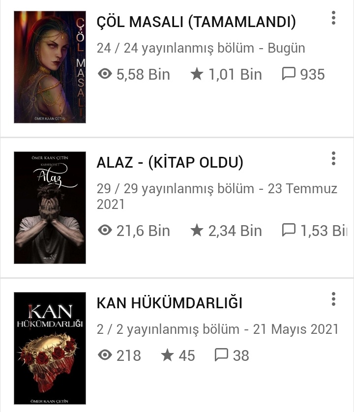 Wattpad de olan kurgularım: Çöl Masalı ve Kan Hükümdarlığı.
Wattpad kullanıcı adım: kaaninkitapligi