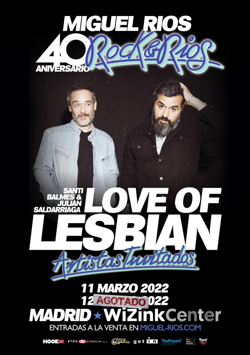 RIFF Producciones (@riffmusic) on Twitter photo Santi Balmes y Julián Saldarriaga, la mitad de <a href="/loveoflesbian/">Love of Lesbian</a> también formarán parte de la lista de artistas invitados que se unirán al Rock & Ríos.
Entradas disponible para el día 11 de marzo en riffmusic.es
Agotadas las entradas para el 12 de marzo.
#miguelrios Santi Balmes y Julián Saldarriaga, la mitad de <a href="/loveoflesbian/">Love of Lesbian</a> también formarán parte de la lista de artistas invitados que se unirán al Rock & Ríos.
Entradas disponible para el día 11 de marzo en riffmusic.es
Agotadas las entradas para el 12 de marzo.
#miguelrios