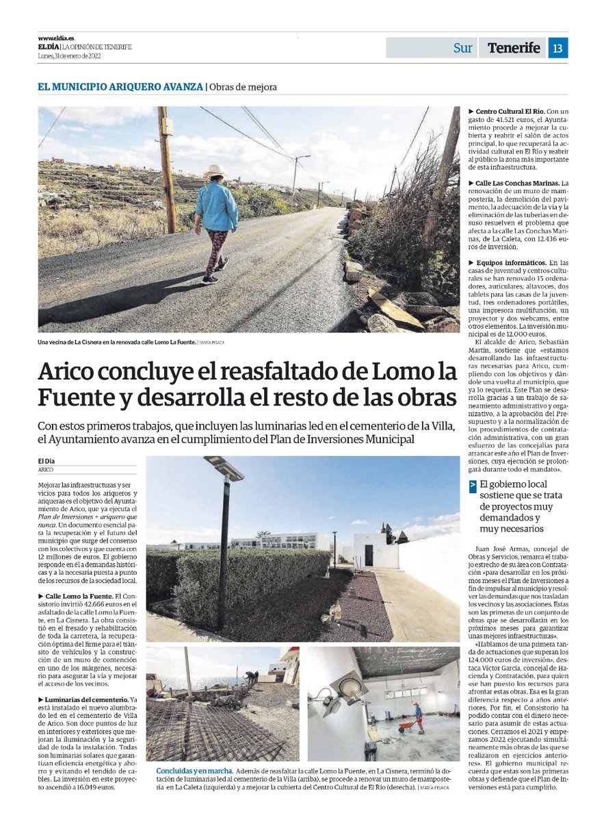AytoArico's tweet photo. Arico en prensa 🗞️ 

𝗘𝗹 𝗗𝗶́𝗮 

👉 Arico concluye el reasfaltado de Lomo la Fuente y desarrolla el resto de las obras. https://t.co/gu8vH3Dpyb