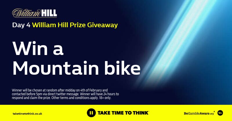 Day 4 of our giveaway 🤩

🚲 Today’s prize is a mountain bike! 🚲

Enter before midnight for a chance to win 🎉

➕ Follow <a href="/WilliamHill/">William Hill</a>
🔁 Retweet this post 

18+ | terms apply 

wh.bet/TCsDay4