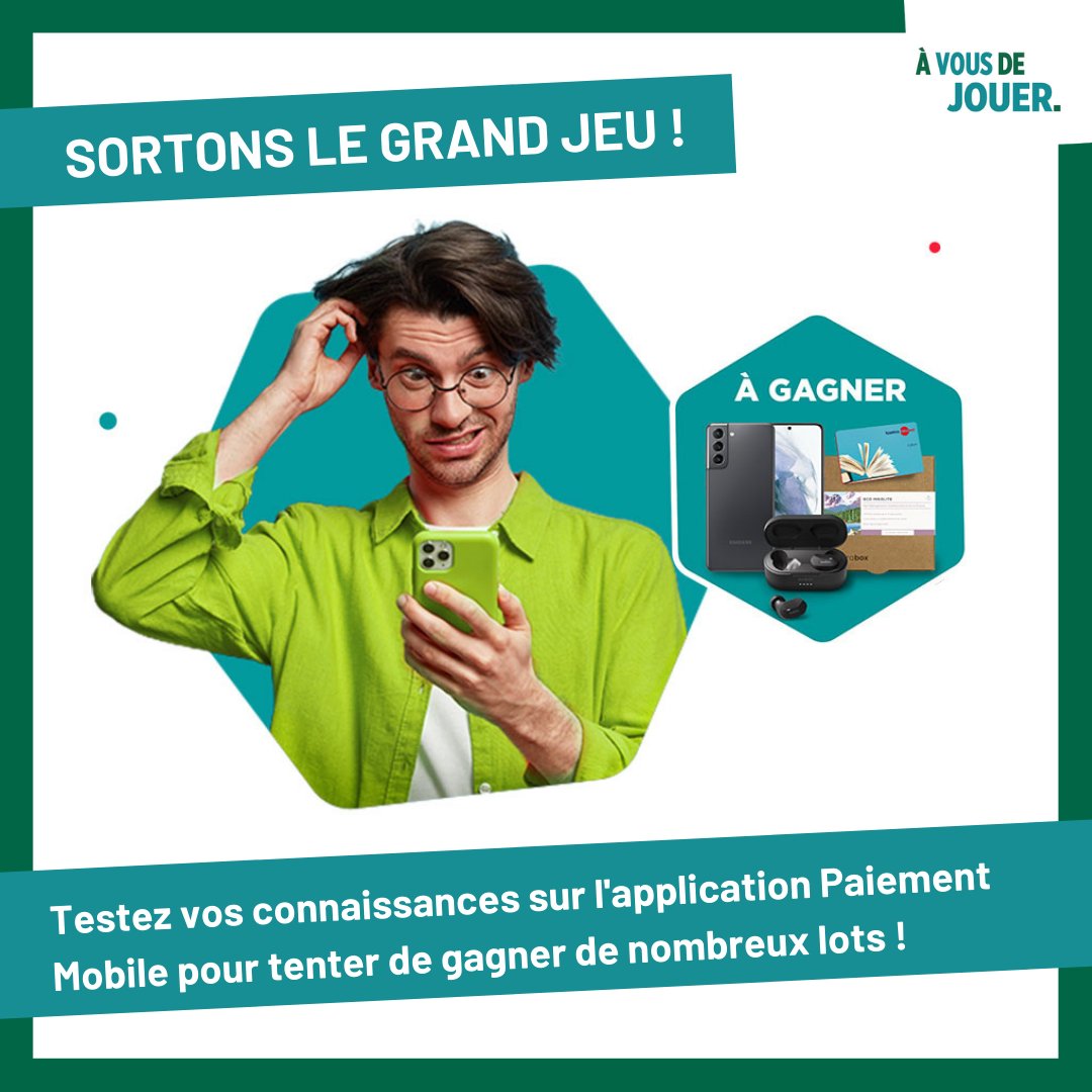 L'application Paiement Mobile compte désormais 1 million d'utilisateurs ! Pour fêter ça, participez à notre Grand jeu et tentez de gagner l'un des nombreux lots.
👉 Inscrivez-vous sur : PaiementMobile-sortonslegrandjeu-ca.fr
* Jeu réservé aux clients du Crédit Agricole, ouvert du 31/01 au 28/02