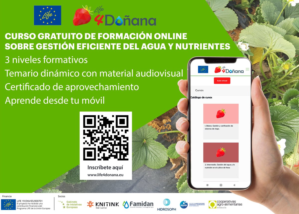 Life4Donana's tweet photo. 👨‍🌾Si eres #agricultor y quieres aprender sobre gestión eficiente del #agua y nutrientes te interesa este #curso 
💧💧 🍓🍓

🖥📲Formación #online
💶Gratuita
💬Foro de consulta
👨‍🎓#Certificado final 

✍https://t.co/mUtEh7AJjM https://t.co/LYsdMqenUE