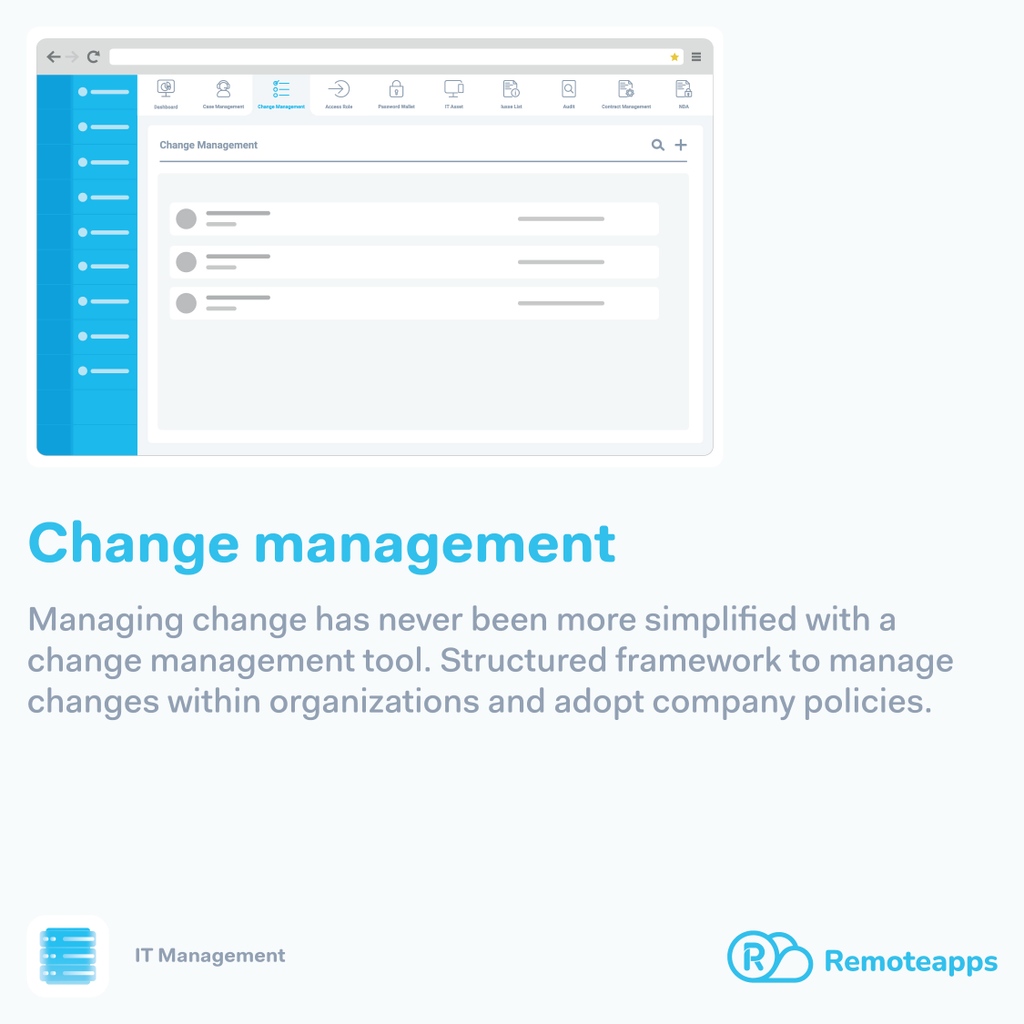 remoteappsbh's tweet image. Change management
Managing change has never been more simplified with a change management tool. Structured framework to manage changes within organizations and adopt company policies.

#remoteApps #Bahrain #ERPSystem #ريموت_آبس #IT #IT_Management