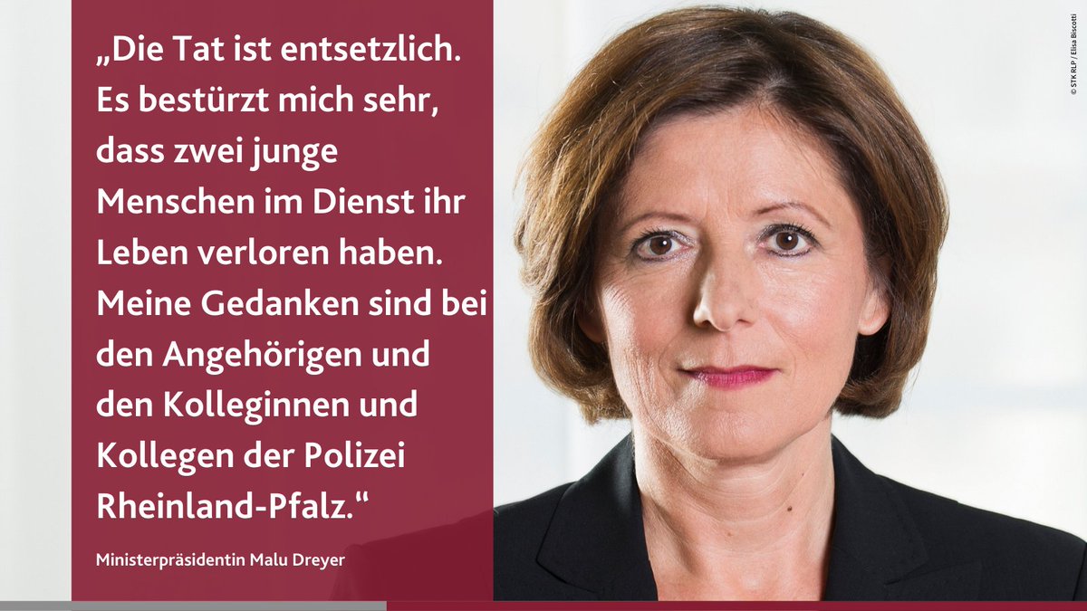 rlpNews's tweet photo. Malu #Dreyer: Die Tat ist entsetzlich. Es bestürzt uns sehr, dass zwei junge Menschen im Dienst ihr Leben verloren haben. Unsere Gedanken sind bei den Angehörigen &amp; Kolleg/innen.
Bei Kontrolle bei #Kusel wurden zwei Polizeibeamte durch Schüsse getötet. Hintergründe noch unklar. https://t.co/a5uZBZB9OB