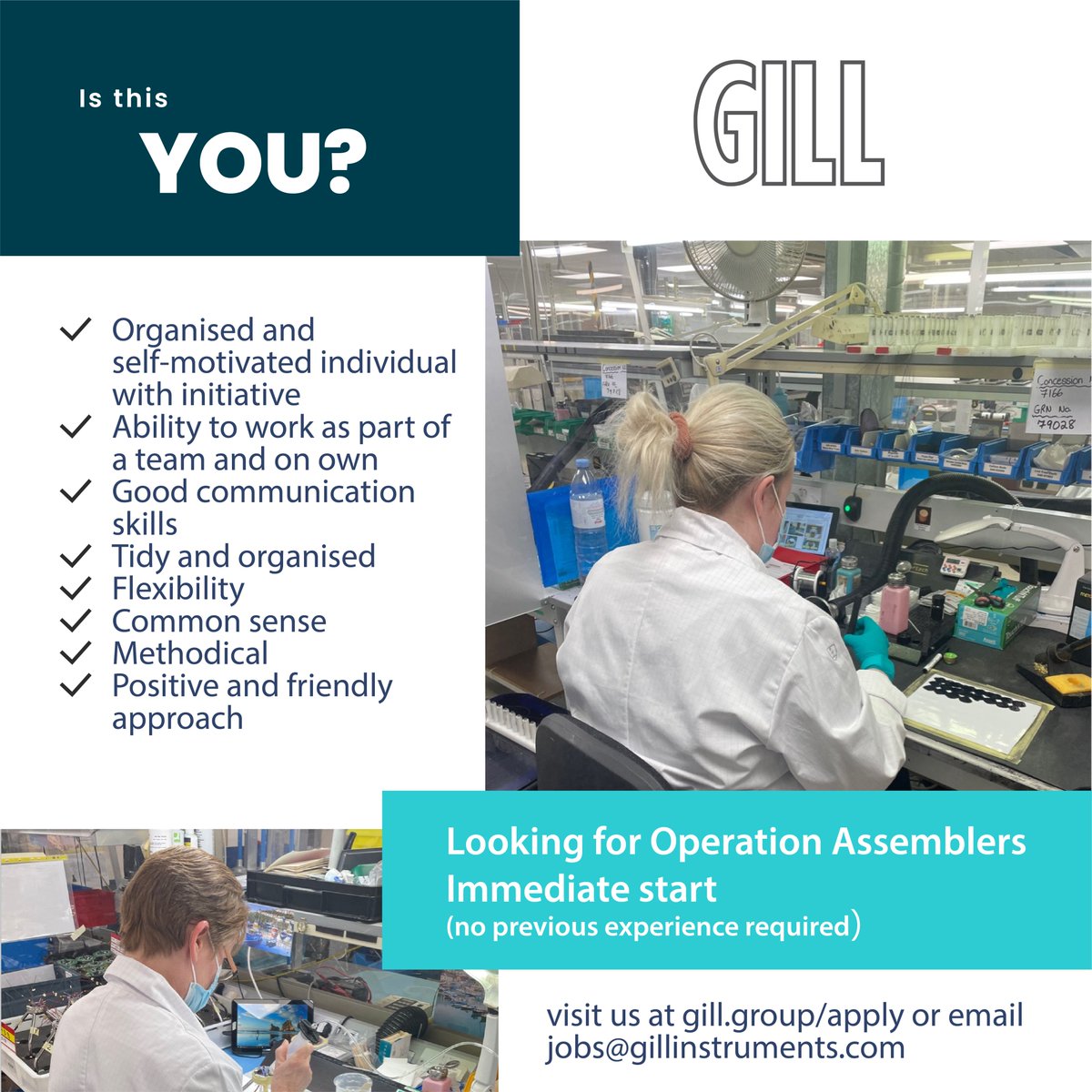 Gill Instruments (@gillinstruments) on Twitter photo We are currently looking to recruit inexperienced & experienced production staff to fill a number of vacancies within our production facilities, full training given to the successful applicants.
Please send your CV to jobs@gillinstruments.com or apply at gill.group/apply We are currently looking to recruit inexperienced & experienced production staff to fill a number of vacancies within our production facilities, full training given to the successful applicants.
Please send your CV to jobs@gillinstruments.com or apply at gill.group/apply