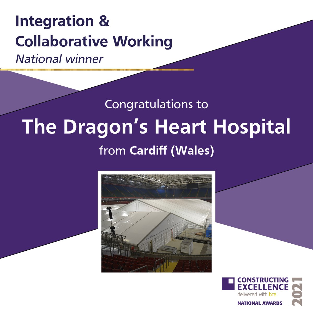 We are so proud that the Dragon's Heart Hospital is @constructingexc's NATIONAL WINNER of the Integration & Collaborative Working Award 2021! 

Congratulations to ALL involved: @CV_UHB @MottMacDonald @bdp_com @q5partners @hoarelea @WelshRugbyUnion @Cardiff_Rugby 

#CE2021Awards