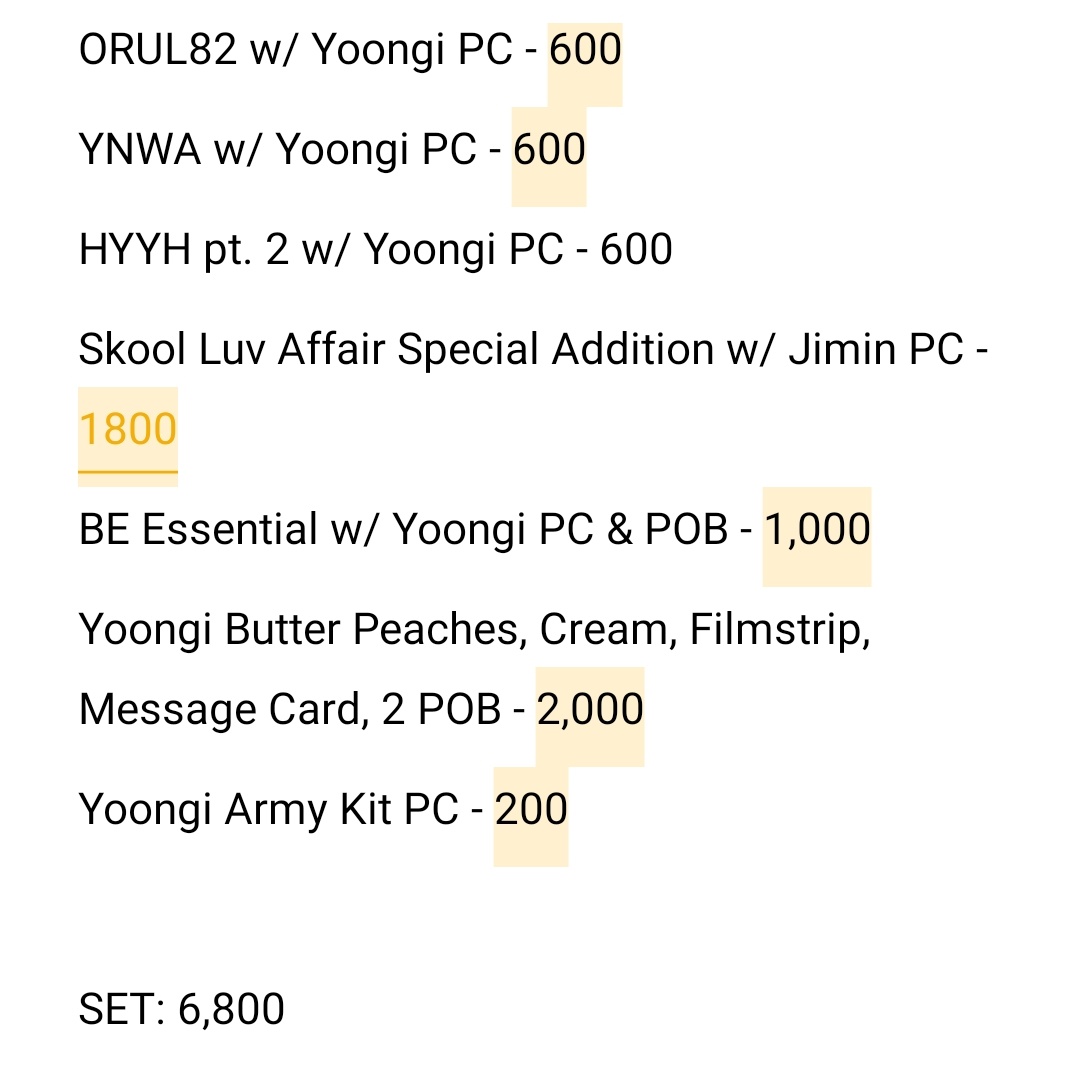 bts wts lfb ph

— yoongi orul82, ynwa, hyyh pt. 2, jimin skool luv affair special addition, be essential, butter, 8th army kit 

• 6,800
• onhand
• payo / dop 50% payo rembal feb 4
• selling as set only
• can look for kahati &amp; can ship to different address

reply mine or dm!