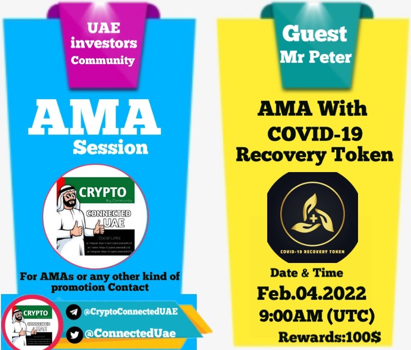 📢 We're thrilled to announce our next #AMA with <a href="/CovdrToken/">Covid_Recovery_Token (COVDR)</a>
on 4, feb, 2022  9:00 AM (UTC)

Reward Pool: 100$
🔰 Venue: 

t.me/Crypto_Connect…

〽️ Rules:
✅ Follow @ConnectedUae &amp; 
<a href="/CovdrToken/">Covid_Recovery_Token (COVDR)</a>
✅Like Retweet &amp; Comment Your Questions (3 Questions Max) Tag 3 friends