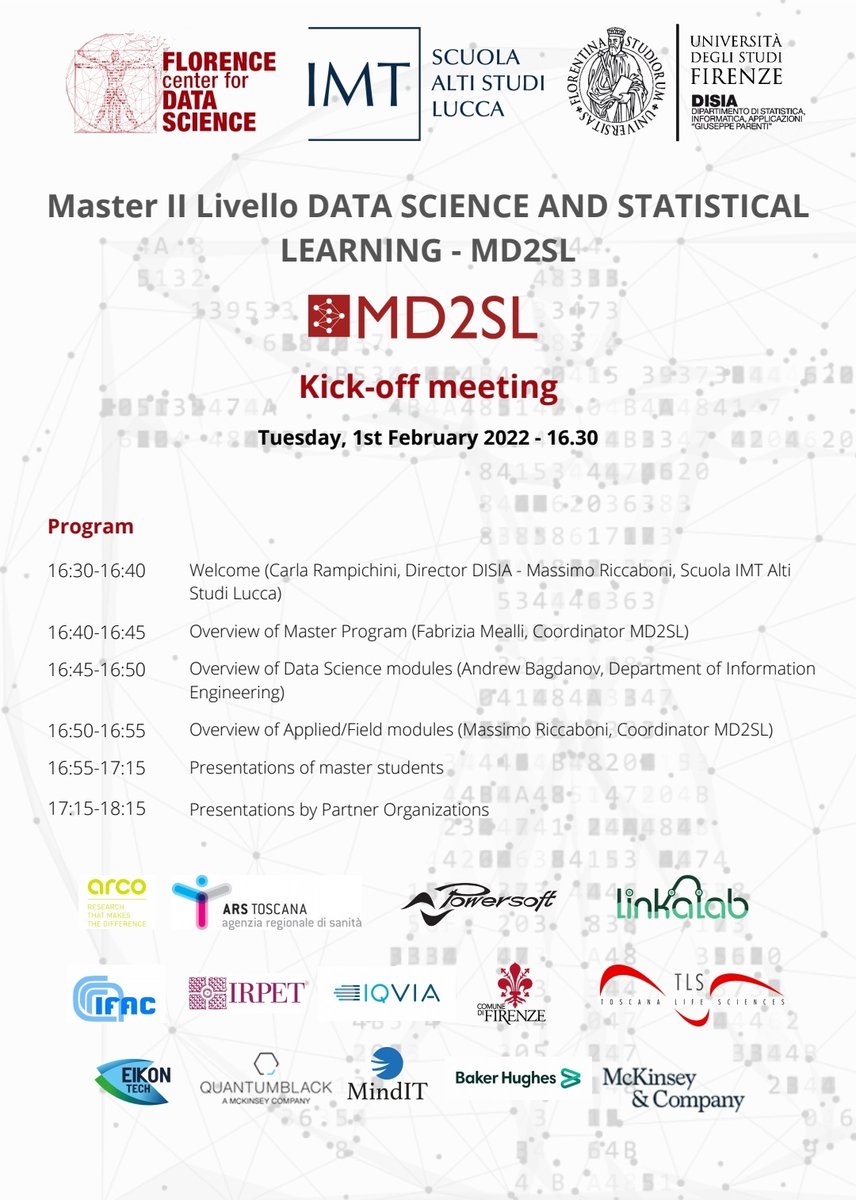 The Master in Data Science and Statistical Learning #MD2SL of @UNI_FIRENZE in collaboration with @IMTLucca is about to begin! #SaveTheDate for the Kick-Off Meeting: online tomorrow at 4:30 pm with our students, teachers and partner institutions. bit.ly/3ACVDC6