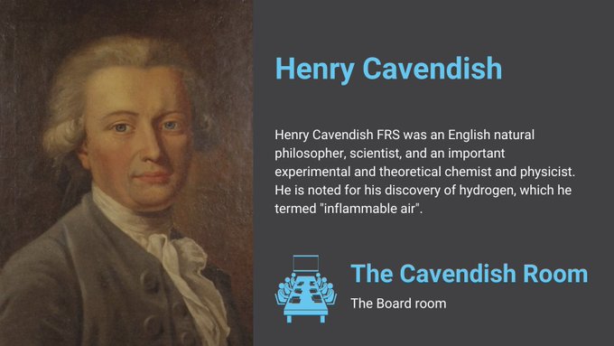 For our board room, we have named it after Henry Cavendish! Cavendish was a great scientist and philosopher! His discovery of Hydrogen has helped to aid other great scientific discoveries! What are your thoughts on our board room name? #SCIENTIST #Science 