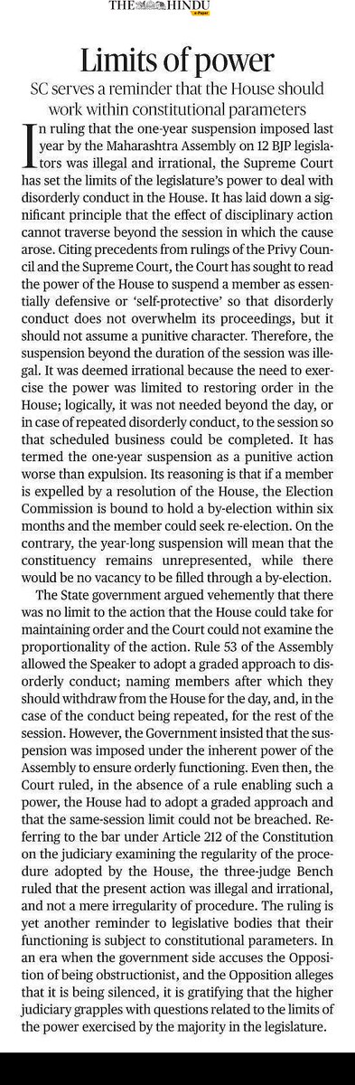 upsc_psir's tweet photo. limits on legislature’s power

✓the need to exercise the suspension power limited to restoring order in the House
✓the suspension beyond the duration of the session illegal
✓if a member is expelled by a resolution of the House, EC is bound to hold by-election within 6 months https://t.co/DIzJcaXFiV