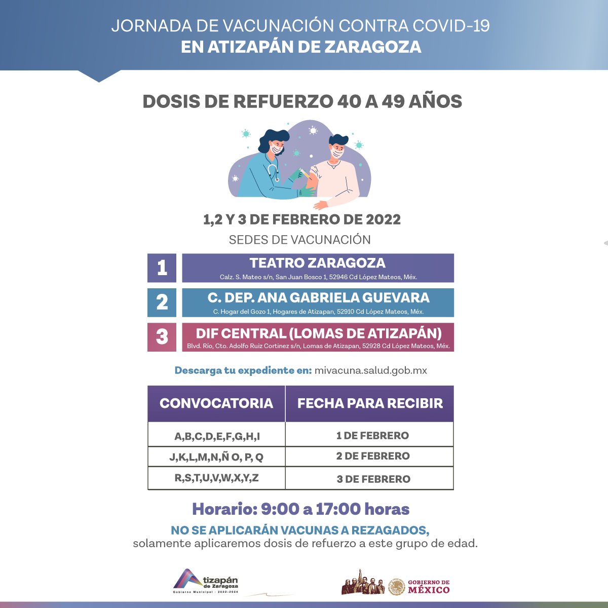GobAtizapan's tweet photo. ⚠️INFORMACIÓN OFICIAL DE LA JORNADA DE VACUNACIÓN CONTRA COVID-19 EN ATIZAPÁN⚠️

Comienza la Jornada de DOSIS DE REFUERZO contra #Covid_19 en #Atizapán para adultos de 40 a 49 años. Consulta los detalles, documentos necesarios y sedes 👇🏼

https://t.co/EJ8AFxvSTB https://t.co/FS2hzJZqt9
