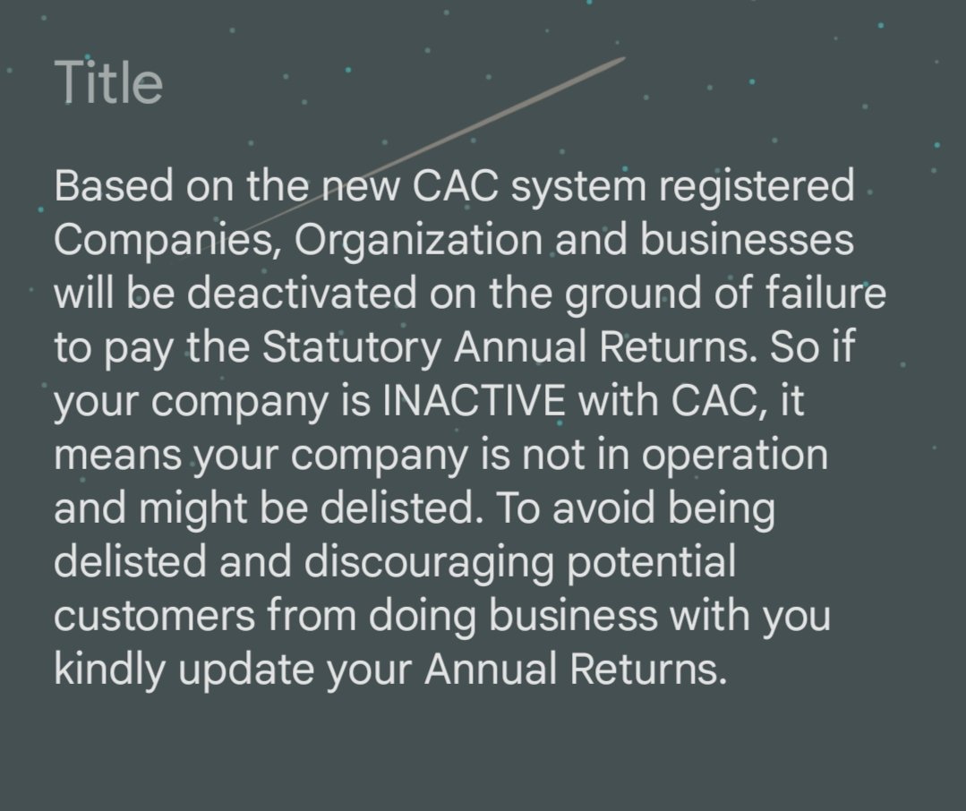 CacLegal's tweet photo. NOTICE: You need to check the status of your company on CAC portal to avoid being delisted and discouraging potential customers from doing business with your company. https://t.co/DlMUdlPXEa

|| Icardi || bae u || Amber || Johnny Depp || zlatan https://t.co/iVhftR2Of6