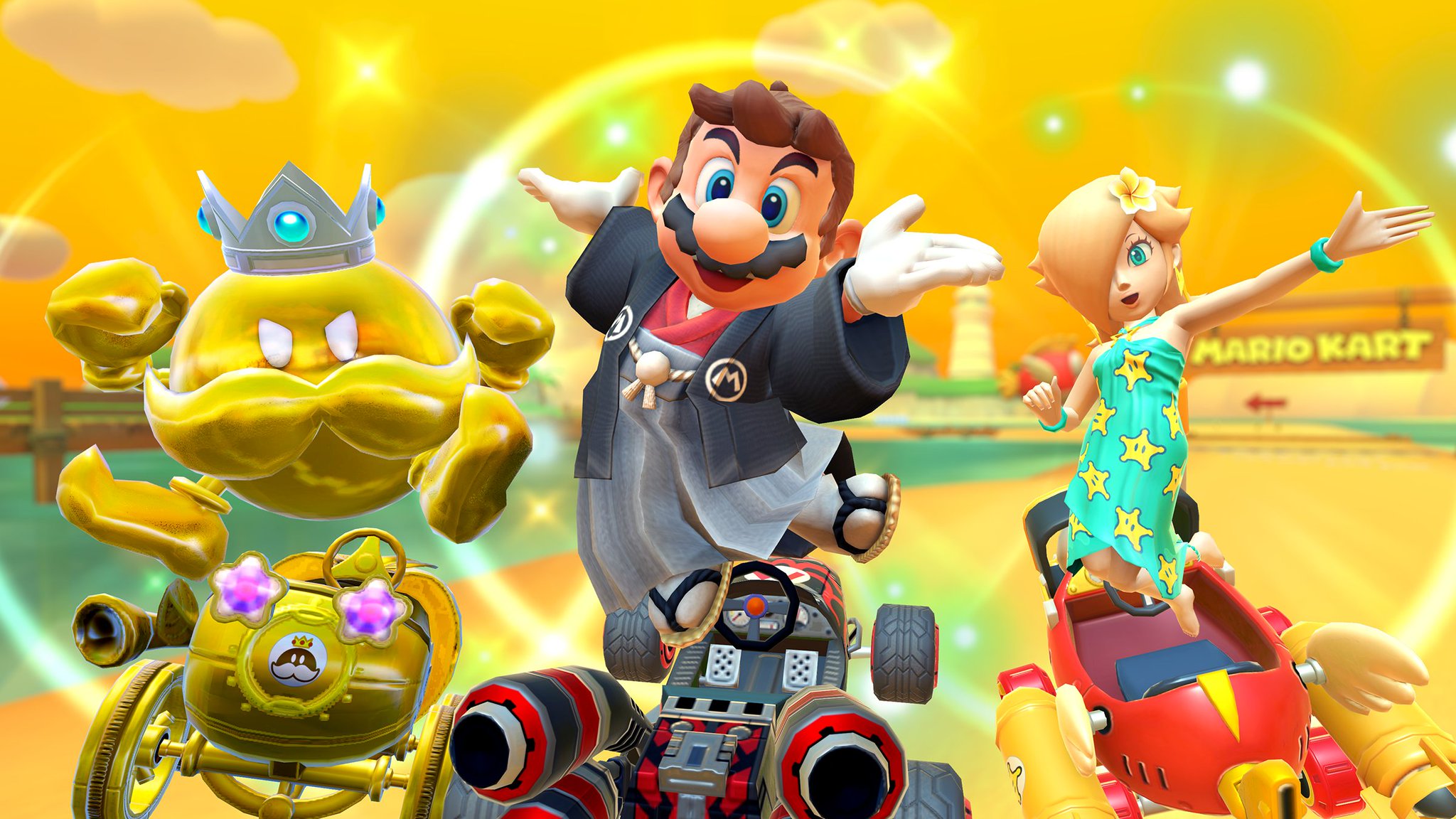 Mario Kart Tour - The Team Wario Pipe is here in Mario Kart Tour! Members  from Team Wario are featured, including Mario (Hakama), Rosalina  (Swimwear), and King Bob-omb (Gold)!