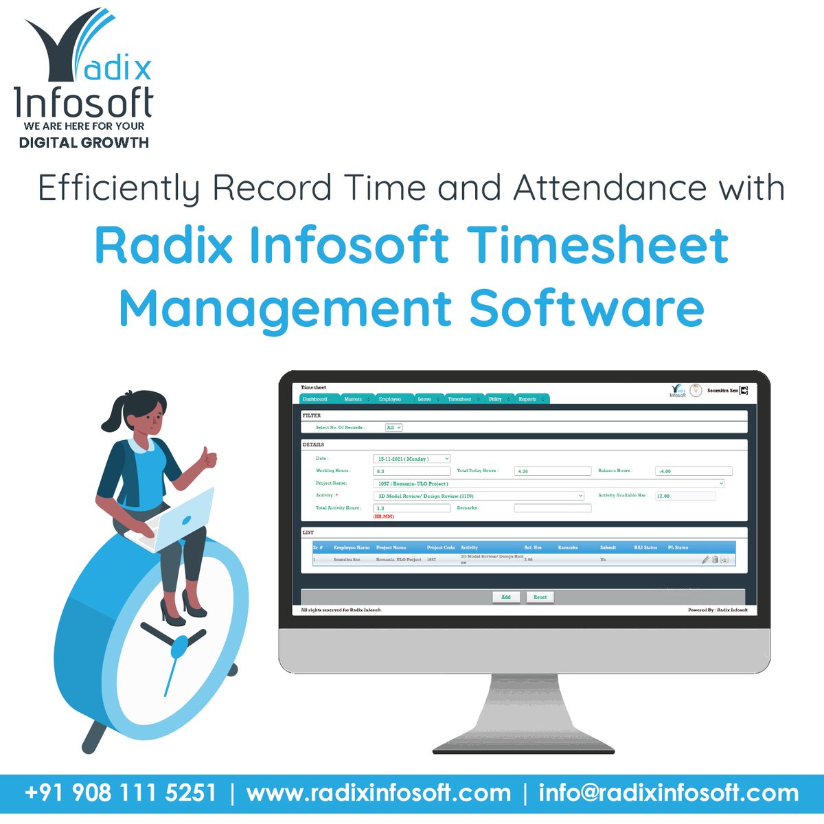 radixinfosoft's tweet photo. Efficiently Record Time and Attendance with Radix Infosoft Timesheet Management Software.

Visit: https://t.co/wRvWcSObKr

#radixinfosoft #timesheet #attdancesoftware #managementsoftware #industrial #Bestsoftwarecompany #bestmanagementsoftware #bestsoftware #timemanagement #hrd https://t.co/iTPcBEm7bh