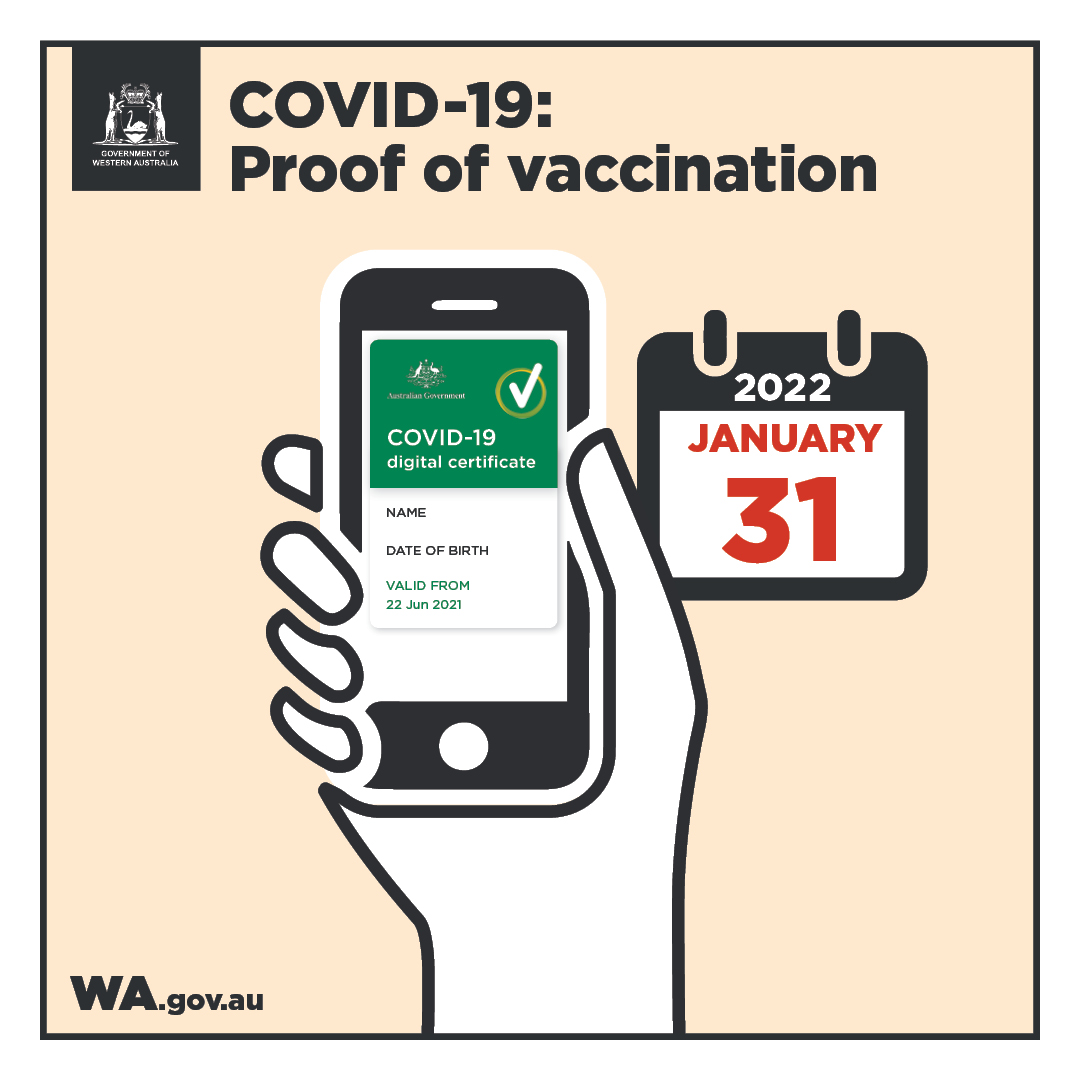 Graphic image with WA State Government crest with a title "COVID-19: Proof of vaccination". There is a graphic of a hand holdoing a mobile device with an example of a proof of vaccination and a graphic of a calendar with date 31 January 2022. 