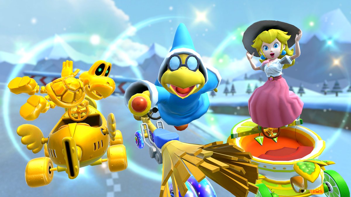 mariokarttourEN's tweet photo. There's another pipe, and of course it's the Team Waluigi Pipe! Kamek, Peach (Vacation), and Dry Bones (Gold) from Team Waluigi are featured! #MarioKartTour https://t.co/0nUtVWrLc2