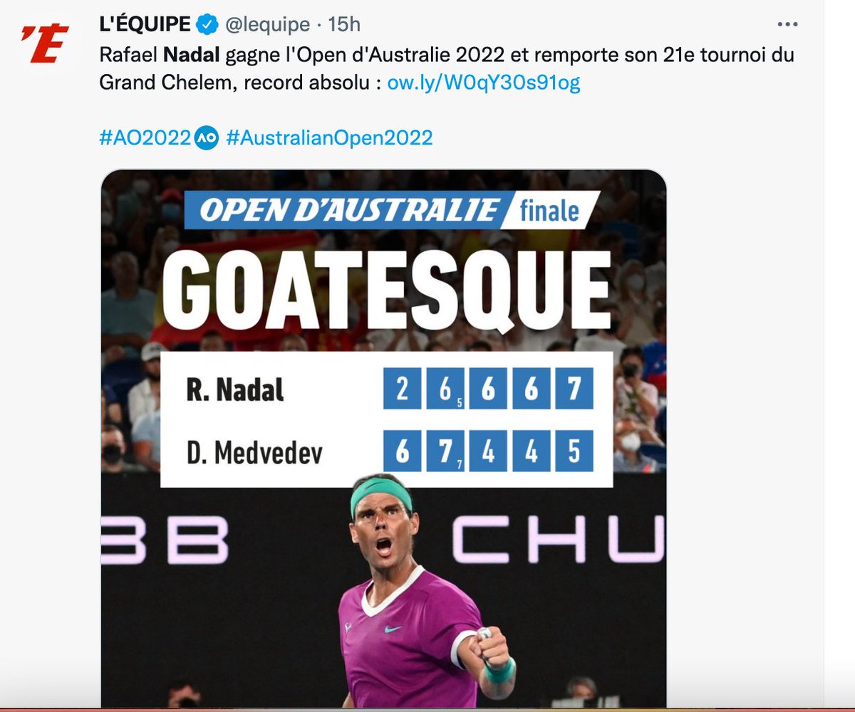 "Dans l'histoire du tennis" 🎾
Toujours fascinant de réduire le tennis au tennis masculin. Serena Williams a gagné 23 titres du grand Chelem et Steffi Graf, 22. Etc. L'invisibilisation des sportives est une constante, presque un consensus.