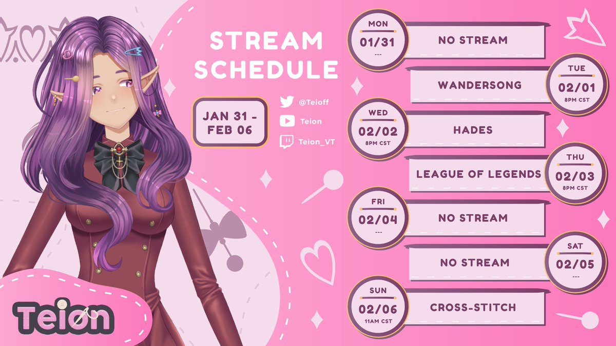 Teioff's tweet image. Streaming schedule for this week 01/31 - 02/06 💜

🗓️@/yoshino_kagi