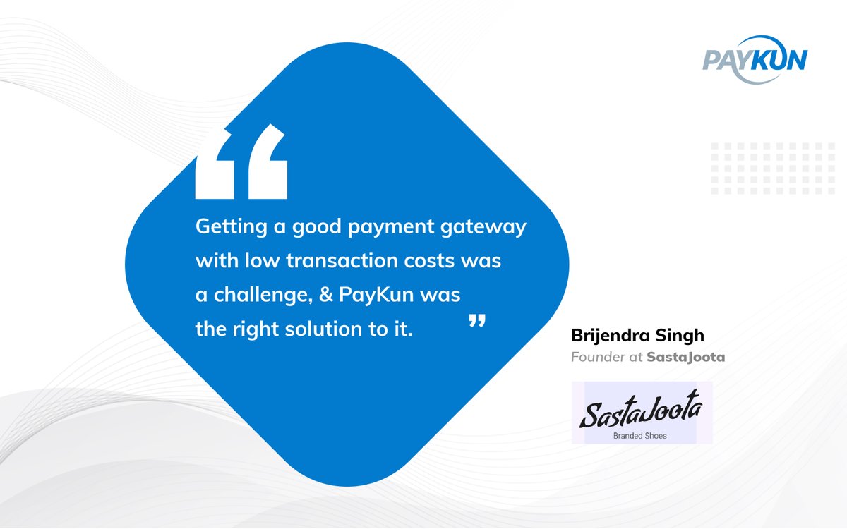 PayKun thanks you #SastaJoota for sharing your kind thoughts about us👏👏

Learn more about the PayKun experience of Sastajoota founder - Mr. Brijendra Singh:👇

bit.ly/3GeEVtG

#PayKun #PaymentGateway #Fintech #Feedback #Testimonial #HappyMerchant #MondayMorning