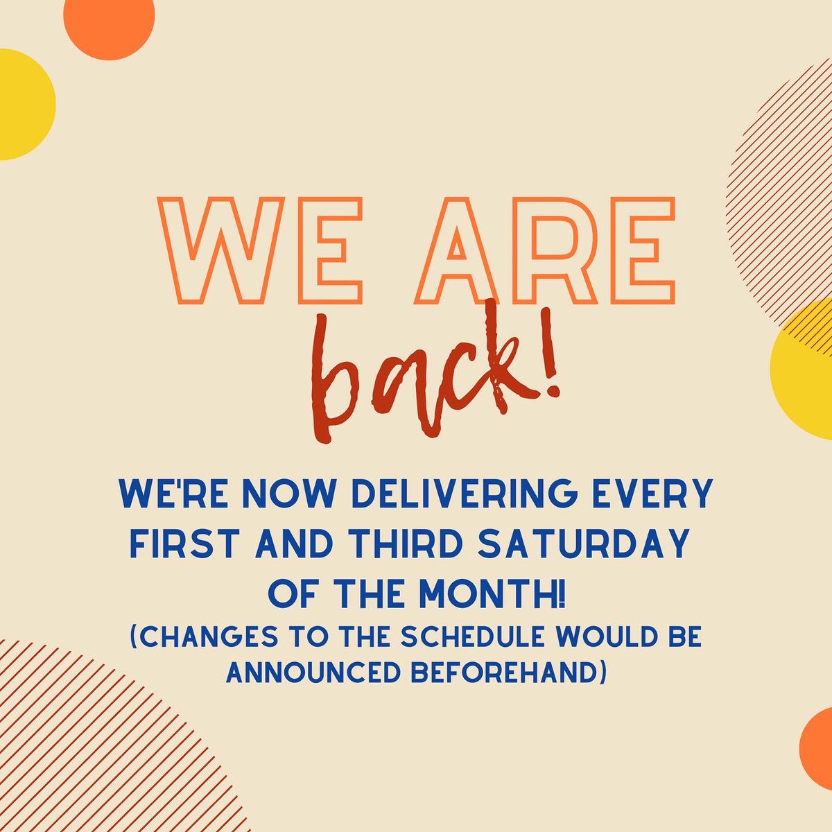 kitchen_chacha's tweet photo. We're back and we are very excited to get to serve you again with our regular menu! 🧡 You can place your orders any day of the week for Saturday deliveries! 😊 

As of now we’re delivering only on the first and third Saturdays of the month. Just send us a DM to order! 💌 https://t.co/2K6kVMdAR6