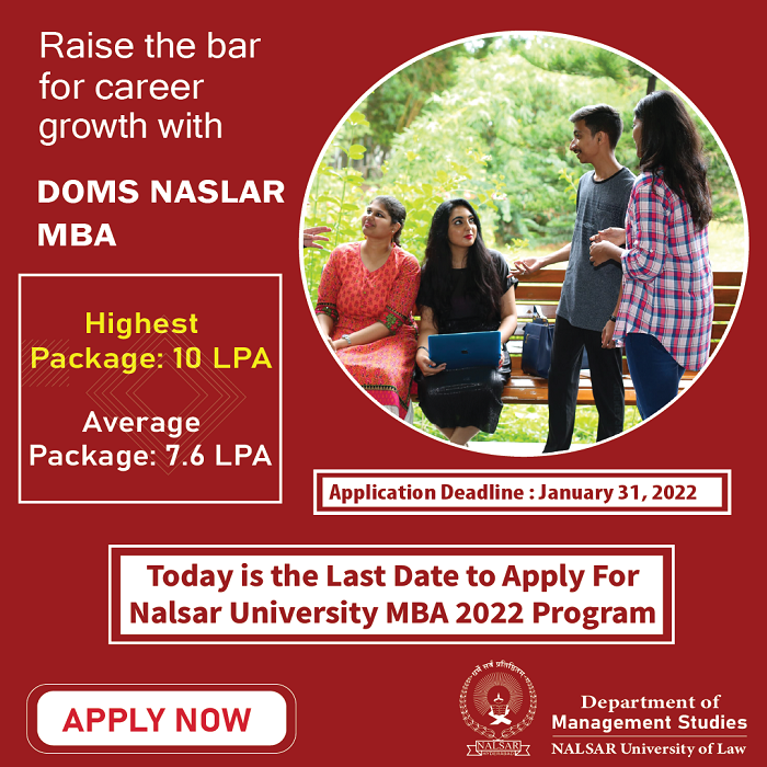 vidyavision_com's tweet photo. Today is the Last Date to Apply for the #DoMS NALSAR University #MBA 2022 Program. 100% Placements. Highest Package: 10 LPA
Apply Now @ https://t.co/yFEhPbIarF
#NALSARMBA #MBAadmissions #DOMSNALSARUniversity #Vidyavision https://t.co/wn2gDMVvLv