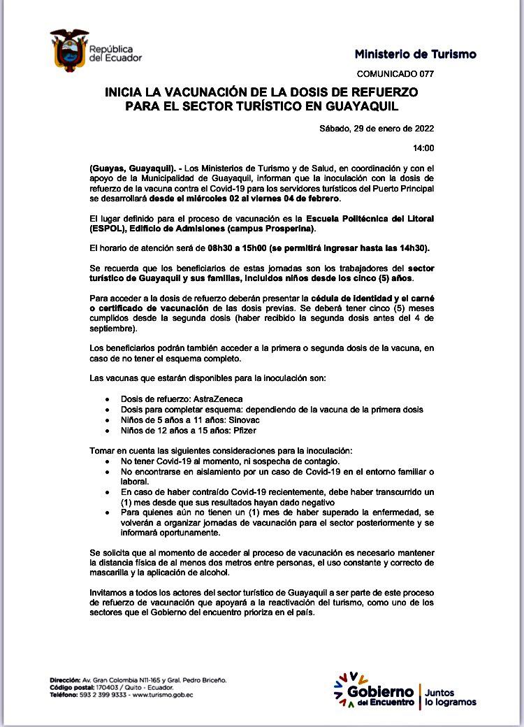 A todo el Sector Turístico de Guayaquil este Miércoles 2 hasta el Viernes 4 de Febrero se va a dar el refuerzo de vacunación, se los espera en el Campus de la ESPOL , leer el comunicado !!!