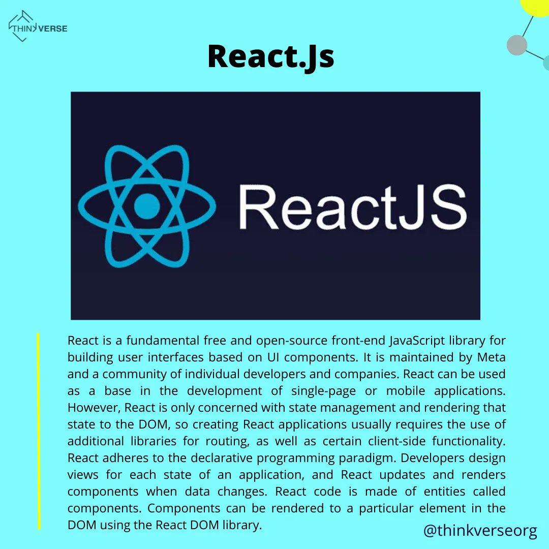 thinkverseorg's tweet photo. The two primary ways of declaring components in React is via function components and class-based components. 
-
#reactjs #React https://t.co/bRKHQcJEHc
