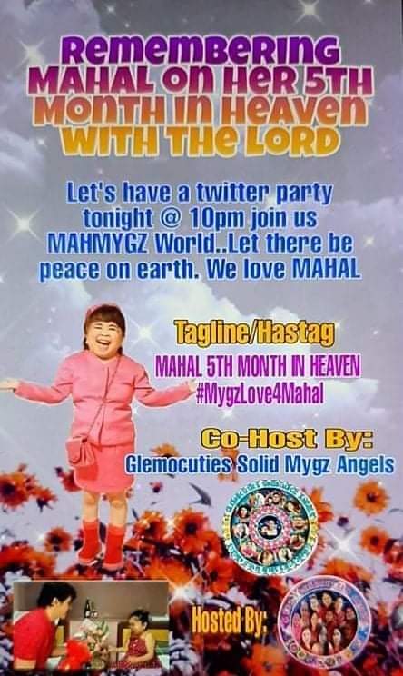 morata31's tweet photo. Be ready for tonights Twitter Party.
Lets all be united Mahmagyz fans.
Lets remembering Mahal on her 5th Month in heaven🙏🙏🙏🙏

#MygzMolino https://t.co/u7AjtiOvLa