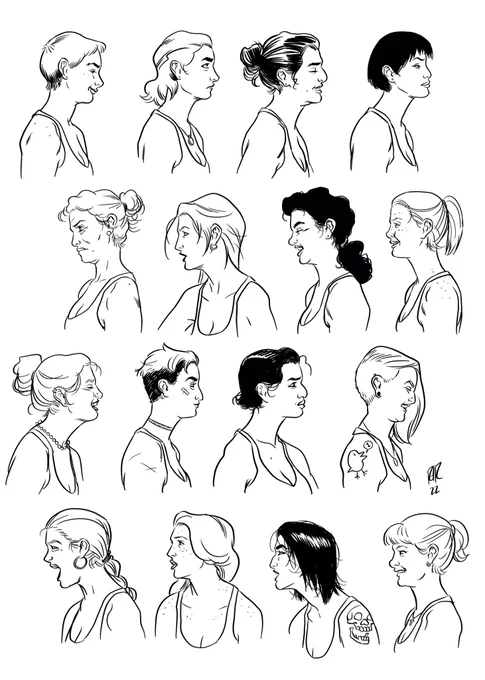 More practice from photo reference. Had a set of expressions from the same model that I traced and then I used my imagination to alter the features. 