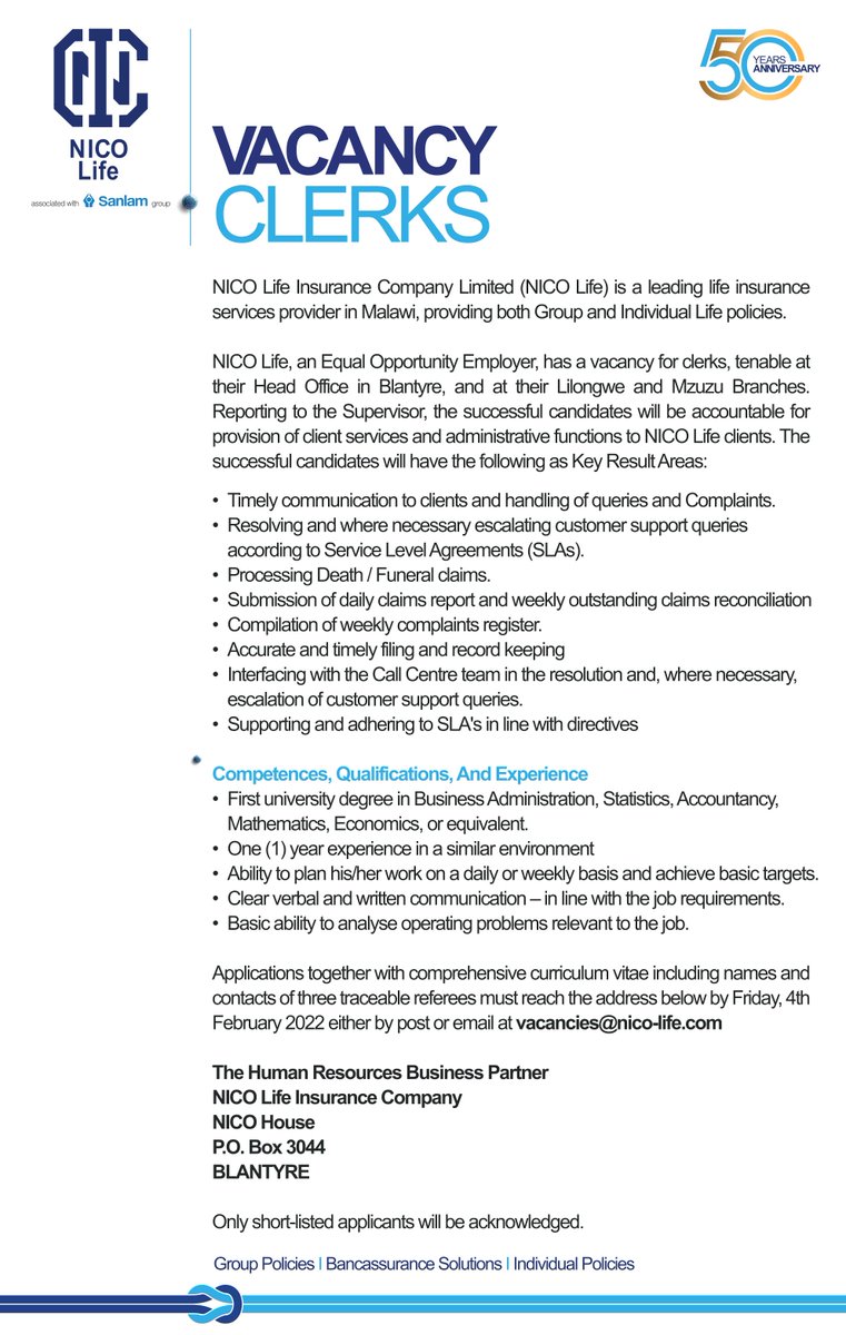NICOGroupMalawi's tweet photo. #Vacancy

Applicants are invited to apply for the post of Clerk.

https://t.co/lDKeGBQ9uO

Send your application to: 
Group Head of Human Resources
NICO Holdings Limited
P.O. Box 501 
BLANTYRE
 
#NICO@50
#OneNICO https://t.co/nR9BrFPNCB