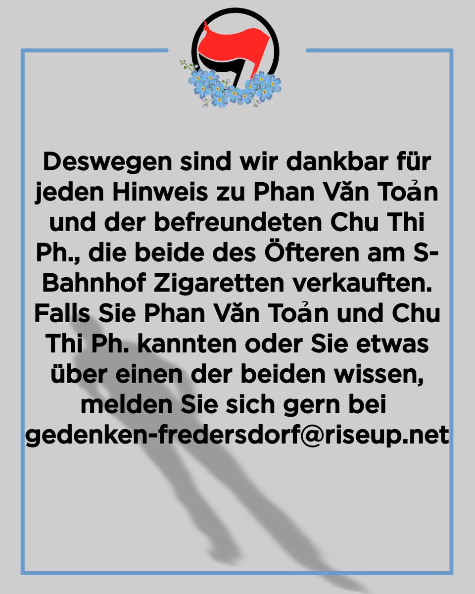 AlexStifte's tweet photo. #kanntensiephanvantoan ?
Am 31.1.97 kam es zu einem #rassistischen Angriff auf Phan Văn Toản in #Fredersdorf (b. Berlin). Eine lokale Gedenkinitiative erinnert seit letztem Jahr an die Tat und sucht nun nach Hinweisen zur Biografie von Phan Văn Toản. https://t.co/XeG3UMI5FN