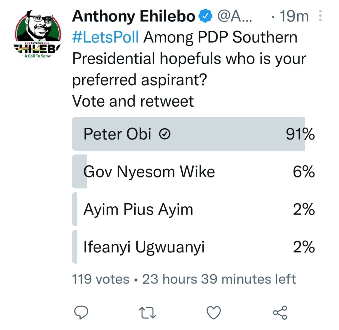 1Verich's tweet photo. @AnthonyEhilebo I hope you will be guided by you own polls and support Peter Obi your people have spoken https://t.co/W341k3Xam6