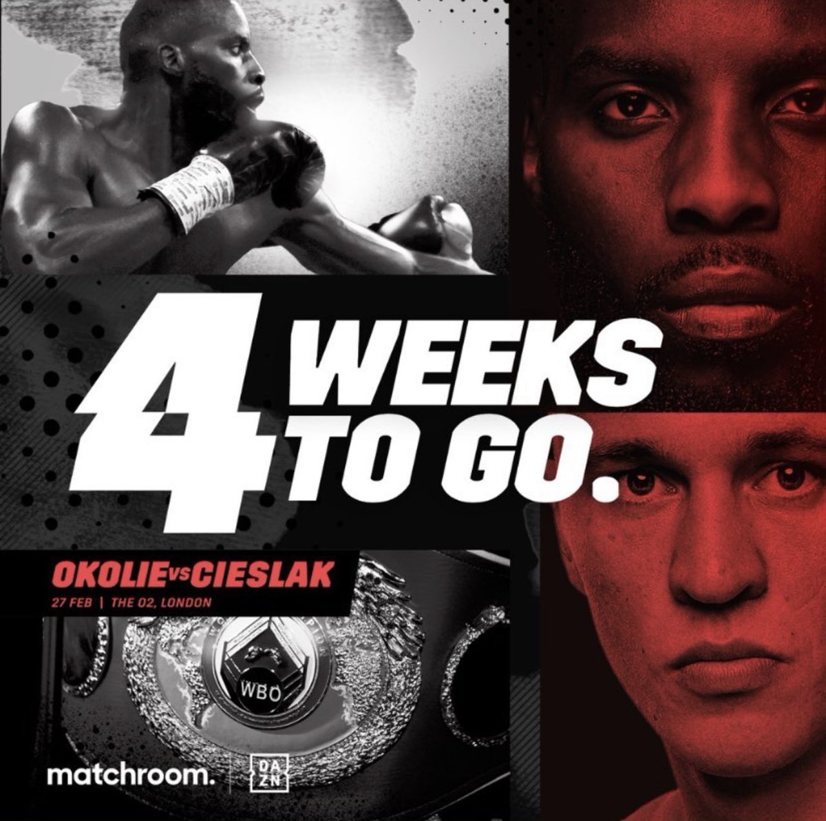 HitFirstBoxing's tweet photo. LIVE ON https://t.co/2wapXJCV29  4 WEEKS TO GO 💥 💥💥💥💣💣💣💣#REALTALK #DAZN 
#letsgo  #polskiboks #02 #OkolieCieslak 🇵🇱 vs 🇬🇧 #BOKS @MichalCieslak89 VS @Lawrence_tko @EddieHearn @BarryHearn @DAZNBoxing https://t.co/uXC50OefDH