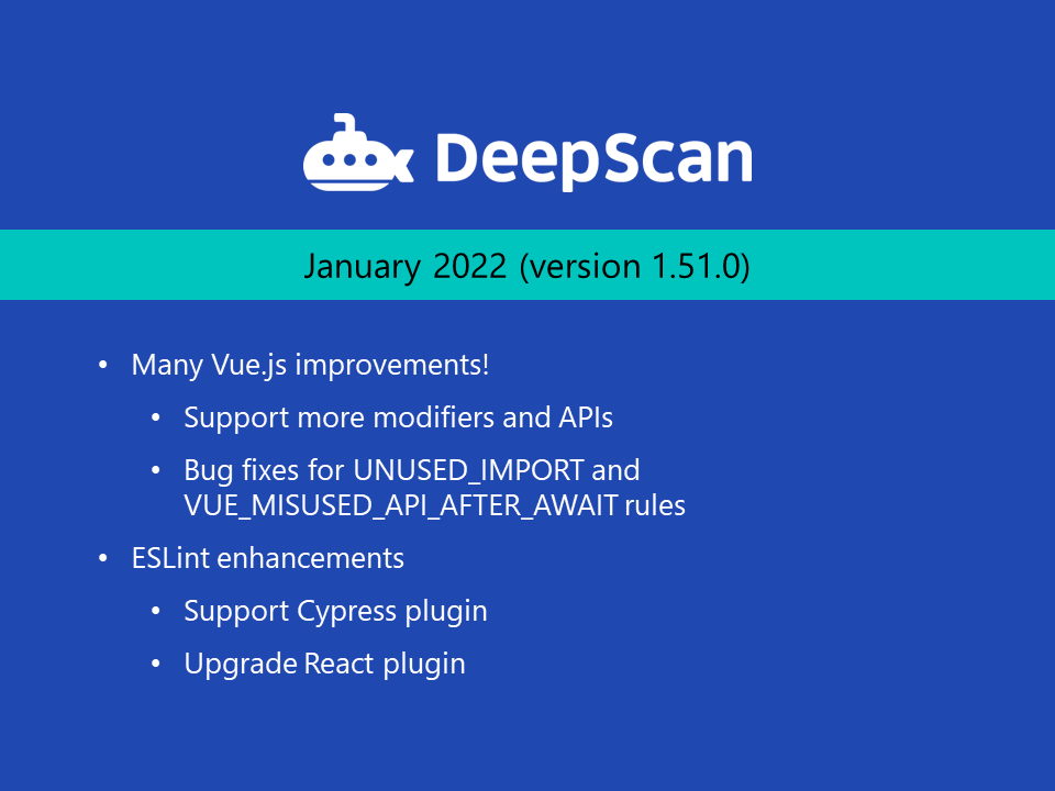 deepscan_io's tweet image. #DeepScan published January release. Many #Vuejs improvements and support more ESLint plugins. Happy Lunar New Year!
Read more in deepscan.io/docs/updates/2…
#React #JavaScript #TypeScript