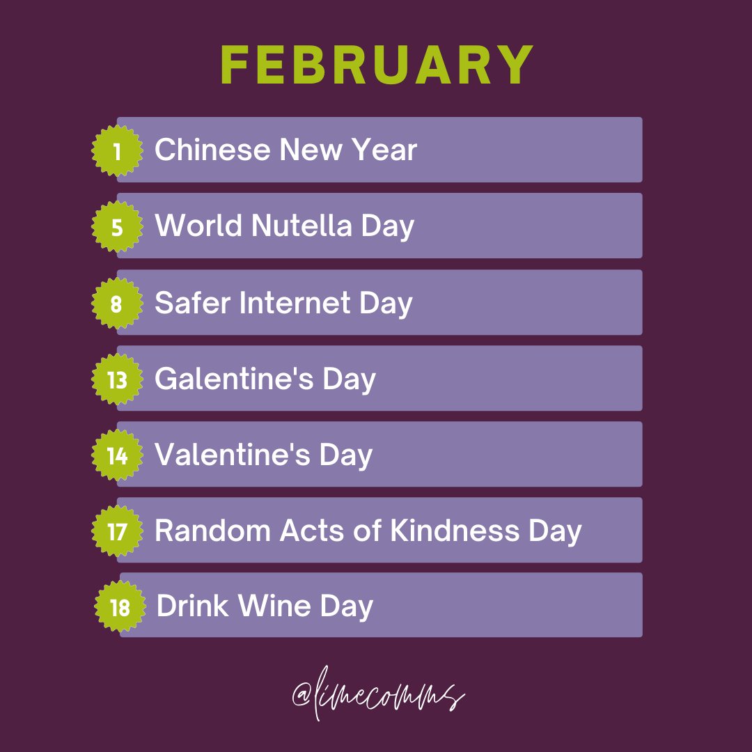 LimeComms's tweet photo. We’ve picked a few February awareness days for you.  Before you start posting just check:
✅ Is it relevant to your business? 
🤔 Will your target audience be interested? 
#️⃣ Use the relevant hashtag

Do you use awareness days in your social media content? 
#limecomms https://t.co/OXeu07he0M