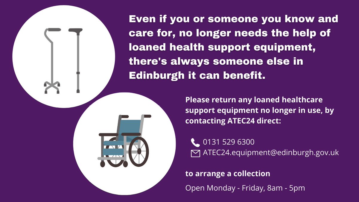 EdinburghHSCP's tweet photo. Please remember and return any loaned equipment that is no longer in use. Doing so, you can help us get it to others in need to help them live independently in their own home.

T: 0131 529 6300 or email ATEC24.equipment@edinburgh.gov.uk to find our more or arrange collection. https://t.co/UT8ek3OJaj