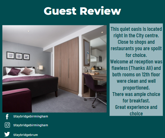 We just love receiving great reviews from our guests! 👏

#staybridgesuites #staybridgesuitesbirmingham #birmingham #apartments #aparthotel #hotel #citycentre #city #citylife #ihghotel #ihg #uk #england #review #guestreview #feedback #guests #happy