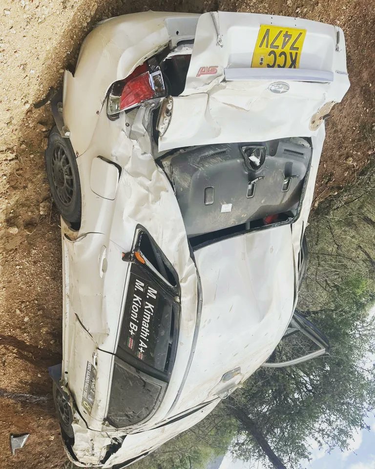 mcrae_kimathi's tweet photo. Unfortunately this is how the rally ended for us yesterday but fortunately we both escaped unscathed from the crash. I would like to inform everyone that I am safe and doing fine. I am deeply touched by the amount of care and concern that I have received since the incident. https://t.co/8fpxZ0z6rD