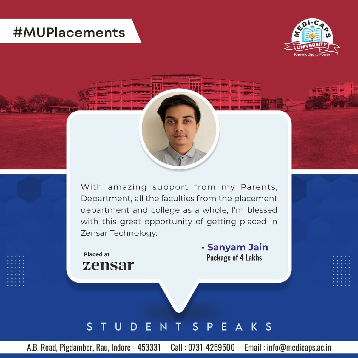 Medicaps_Indore's tweet photo. Sanyam Jain shares for Medi-Caps.
#MU #MediCapsUniversity #Placement #MUPlacement #TopUniversity https://t.co/F1PRKp7LWA